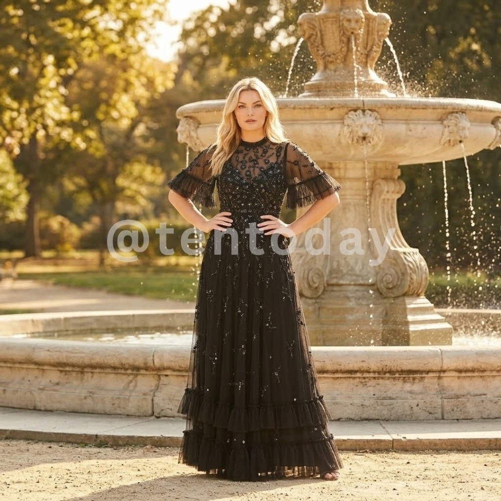$798 Mac Duggal‎ Size 14 Black Floral Ruffle Embellished Gown Long Maxi Dress
